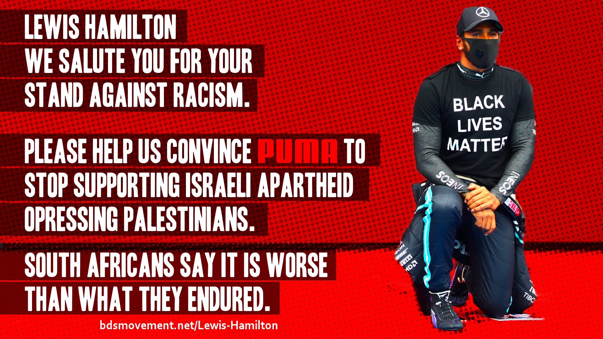 Urge Lewis Hamilton To Help Convince Puma To End Support for Israeli Apartheid